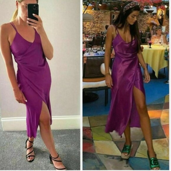 Zara purple Satin effect slip dress sweetheart spaghetti strap faux wrap Sz L - Picture 2 of 16